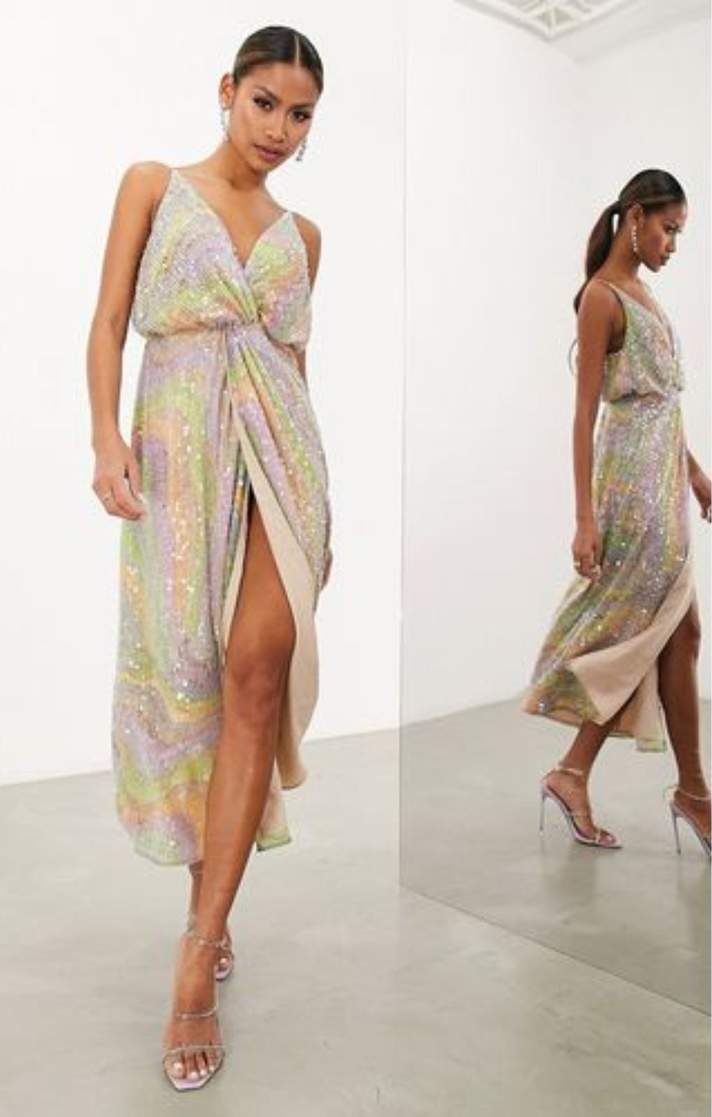 Asos Edition Twist Front Cami Midi Dress In Pastel Print And Sequin – dresses by ASOS EDITION, available to rent from Hirestreet