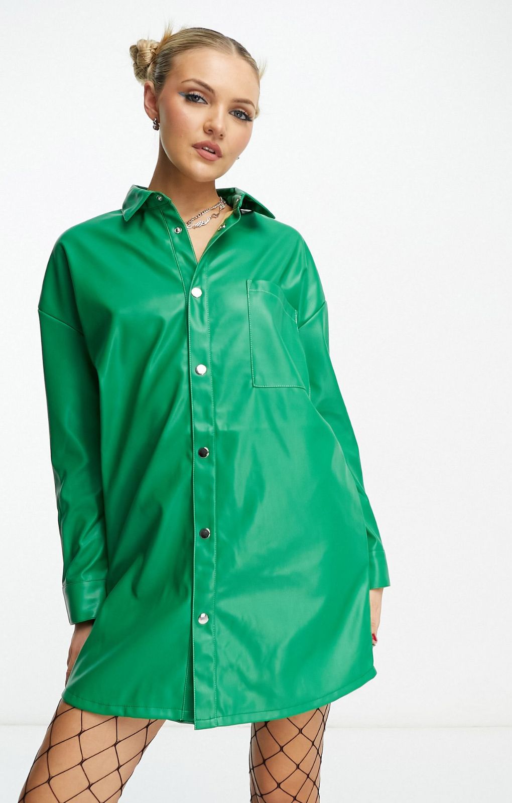 Native Youth Pu Mini Shirt Dress In Green With Contrast Stitch – dresses by Native Youth, available to rent from Hirestreet