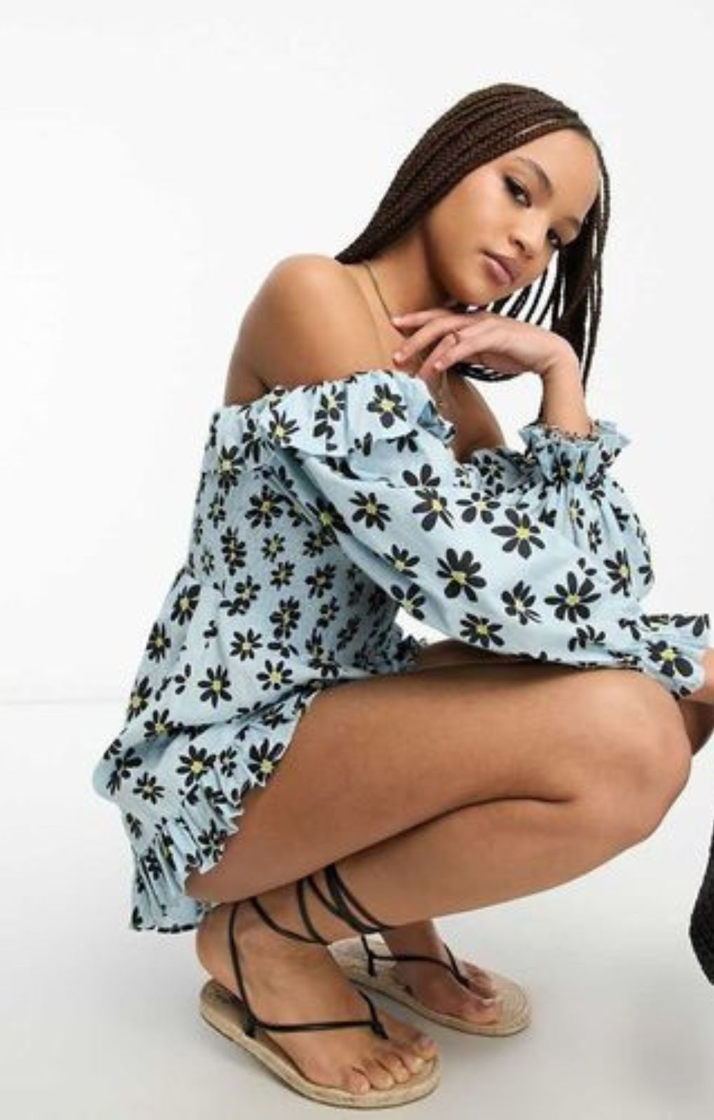 Asos Design Linen Look Shirred Bodice Playsuit With Bardot Long Sleeve In Daisy Print – jumpsuits & playsuits by ASOS DESIGN, available to rent from Hirestreet