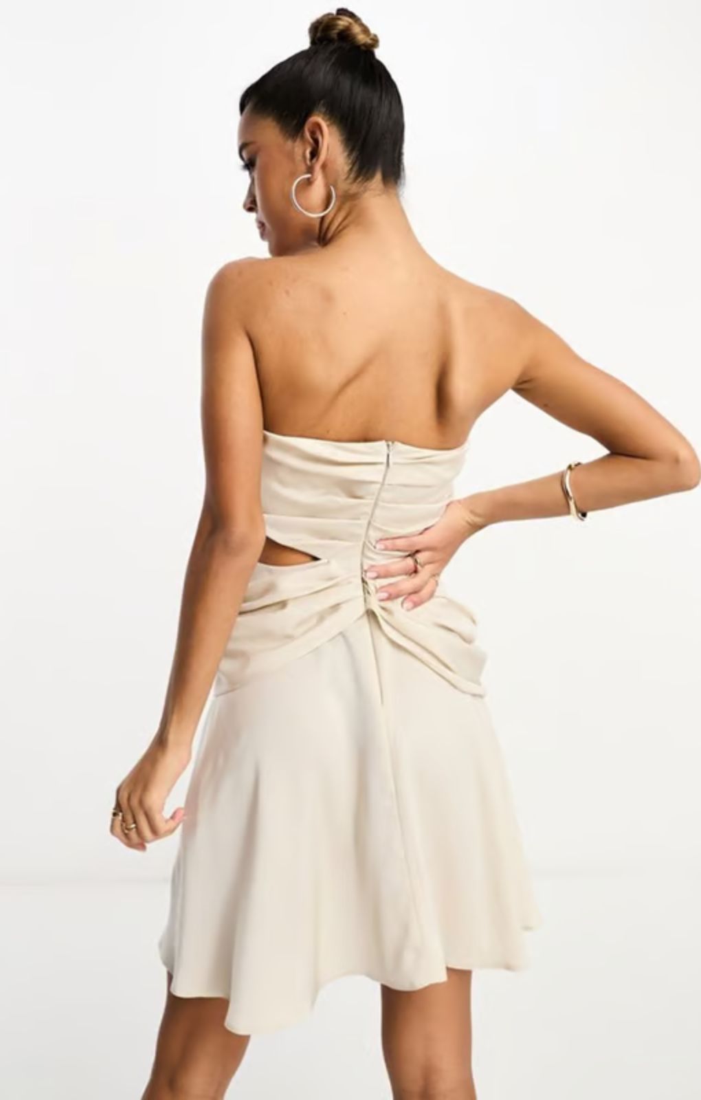 Asos Design Satin Bandeau Drape Twist Mini Dress With Cut Out Detail In Gold – dresses by ASOS DESIGN, available to rent from Hirestreet