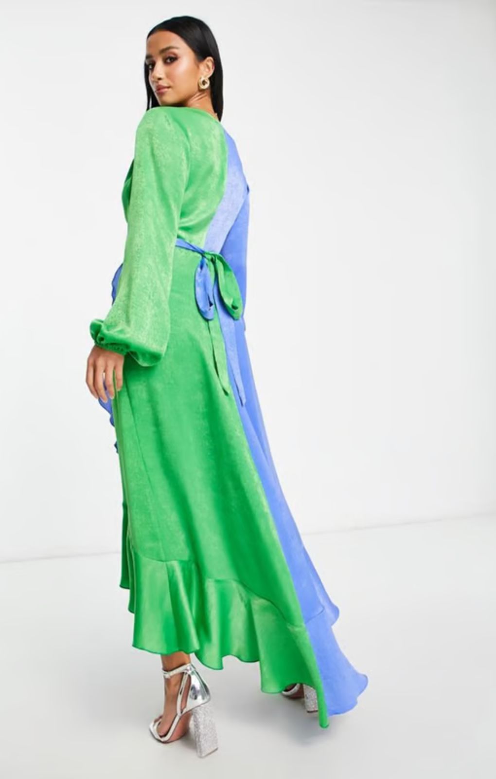 Flounce London Petite Balloon Sleeve Ruffle Maxi Dress In Contrast Blue And Green – dresses by Flounce London Petite, available to rent from Hirestreet