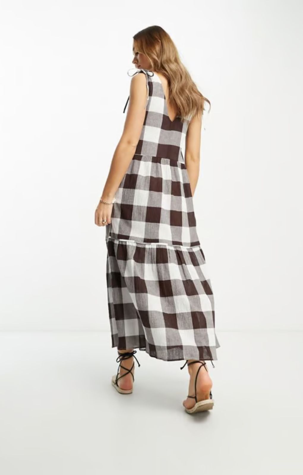 Asos Design Curve Crinkle Trapeze Maxi Sundress In Chocolate Gingham – dresses by ASOS Curve, available to rent from Hirestreet