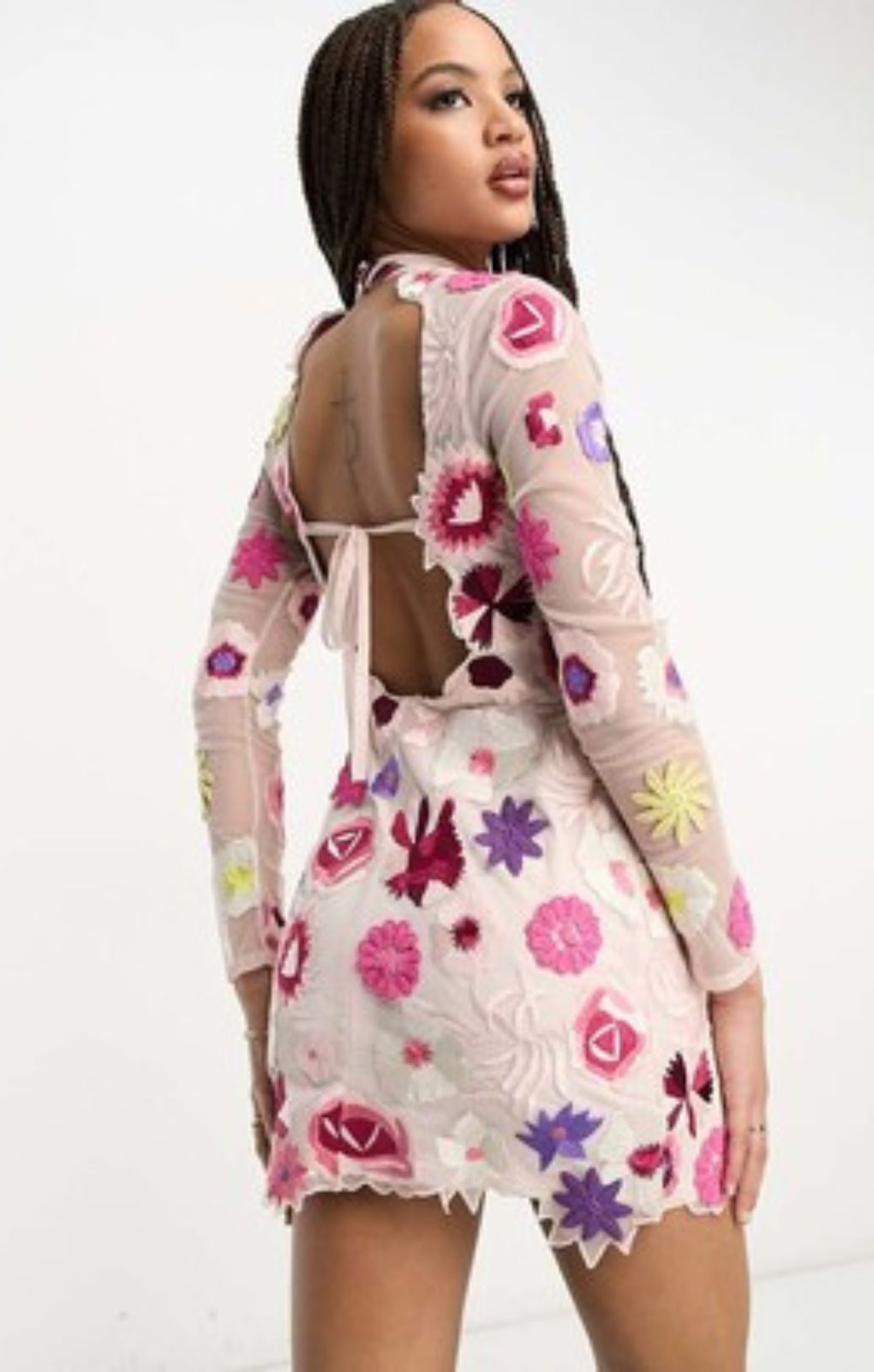 Miss Selfridge Premium Embroidered Floral Long Sleeve Back Detail Mini Dress In Light Pink – dresses by Miss Selfridge, available to rent from Hirestreet