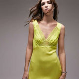 Topshop Cami Satin And Lace Midi Dress In Lime – dresses by Topshop, available to rent from Hirestreet