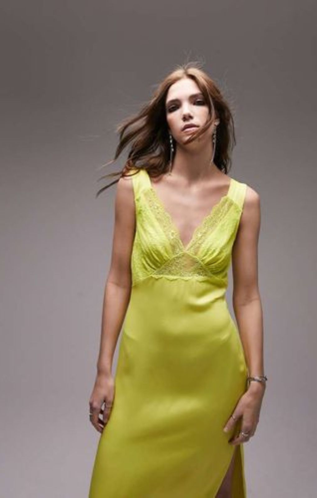 Topshop Cami Satin And Lace Midi Dress In Lime – dresses by Topshop, available to rent from Hirestreet