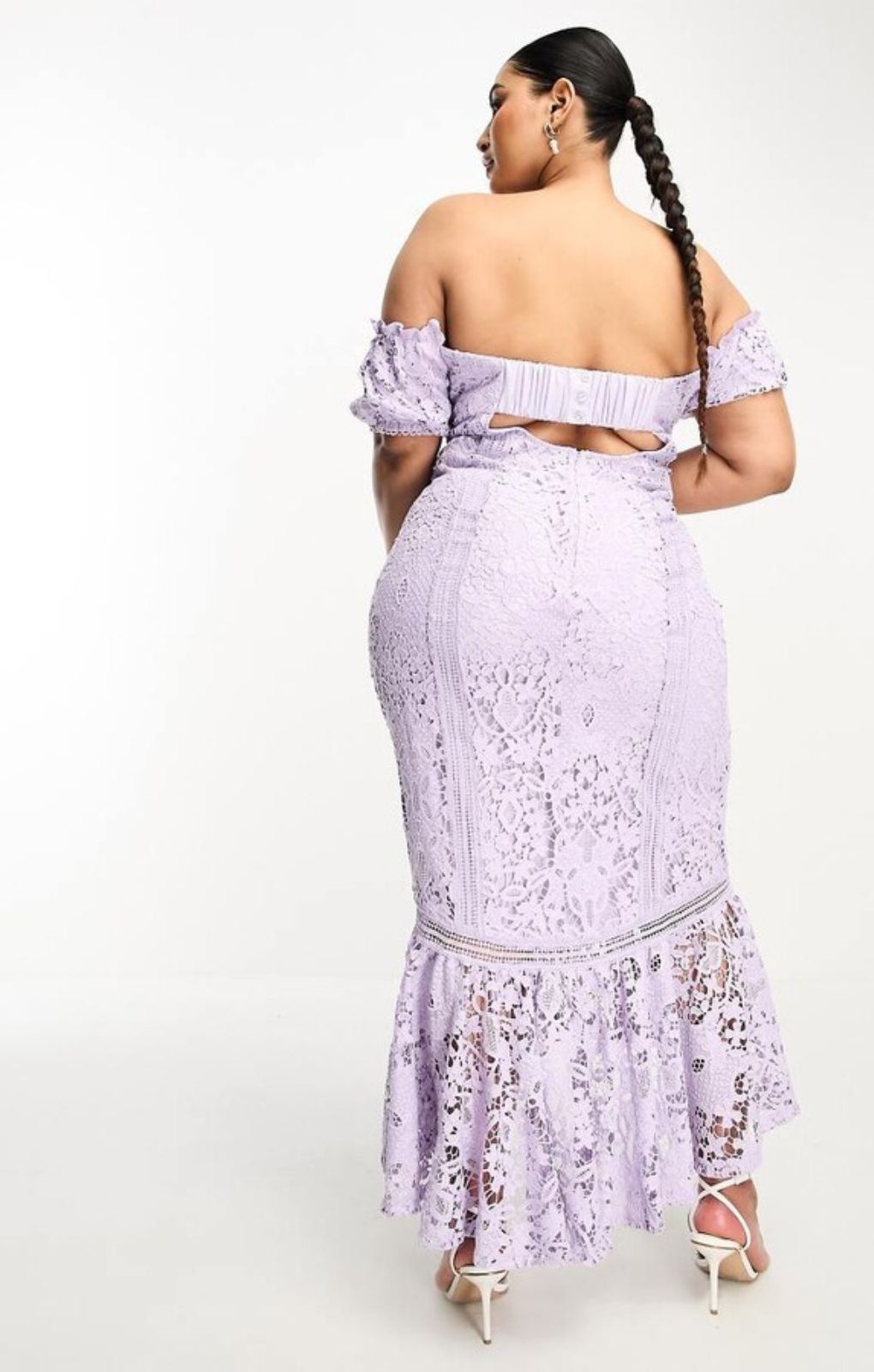 Asos Design Curve Lace Bardot Cut Out Maxi Dress With Frill Hem In Lilac – dresses by ASOS Curve, available to rent from Hirestreet