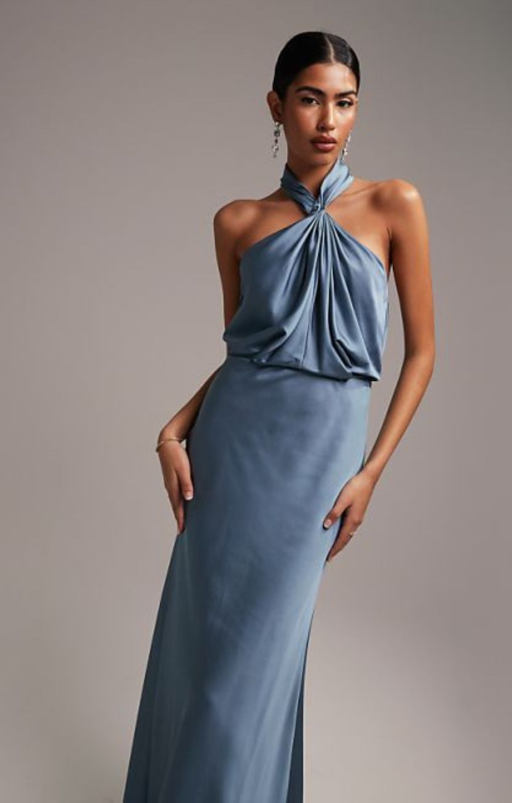 Asos Design Bridesmaid Curve Satin Ruched Halter Neck Maxi Dress In Dusky Blue – dresses by ASOS, available to rent from Hirestreet