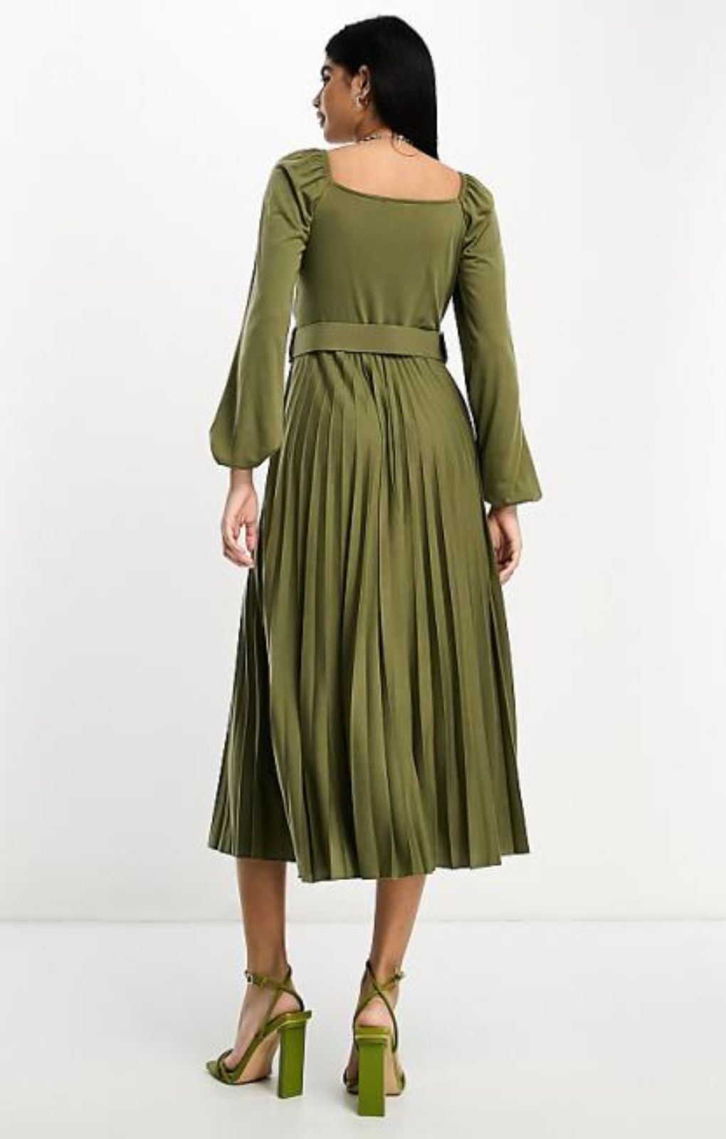Asos Design Wrap Front Midi Dress With Pleat Skirt And Belt In Khaki – dresses by ASOS DESIGN, available to rent from Hirestreet