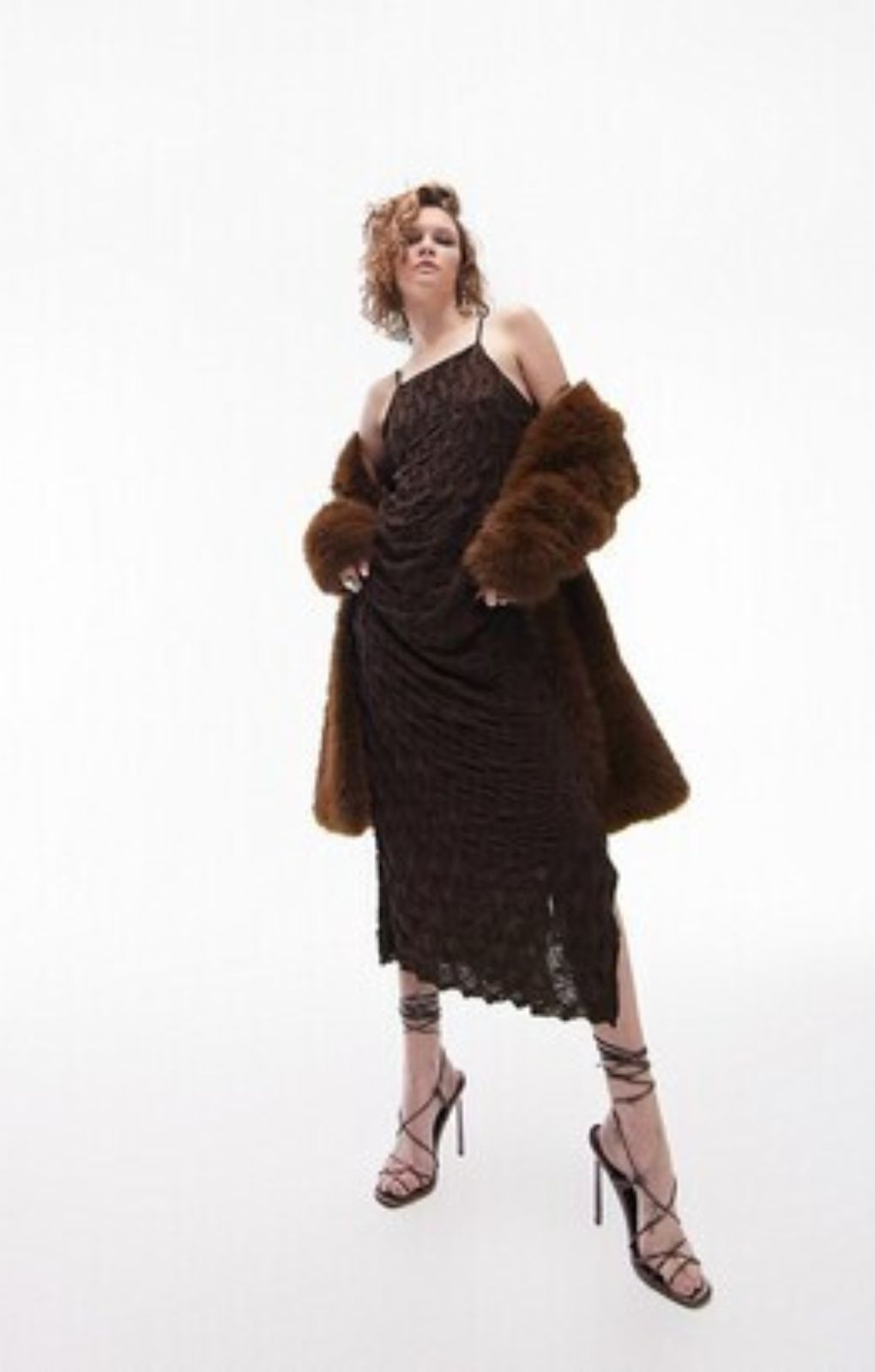 Topshop Textured Popcorn Strappy Jersey Midi Dress In Chocolate – dresses by Topshop, available to rent from Hirestreet