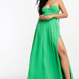 Asos Design Ruched Bandeau Washed Satin Maxi Dress With Tie Detail In Green – dresses by ASOS DESIGN, available to rent from Hirestreet