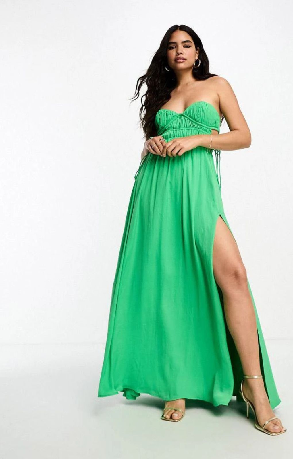 Asos Design Ruched Bandeau Washed Satin Maxi Dress With Tie Detail In Green – dresses by ASOS DESIGN, available to rent from Hirestreet