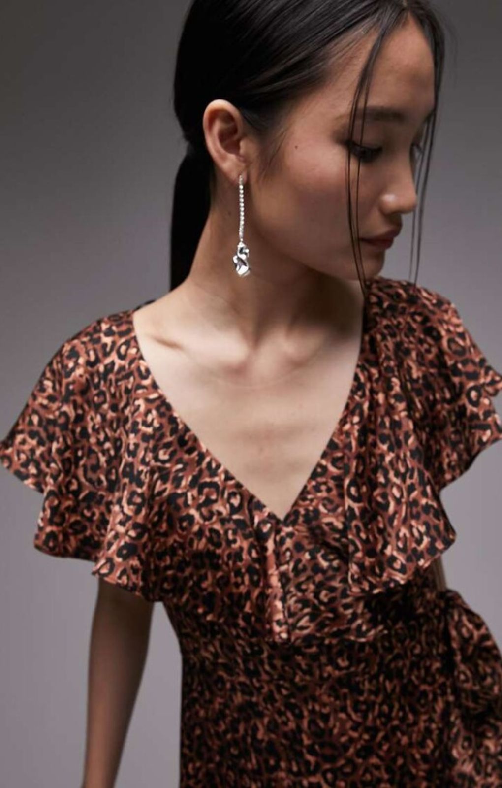 Topshop Ruffle Wrap Midi Dress In Brown Animal – dresses by Topshop, available to rent from Hirestreet