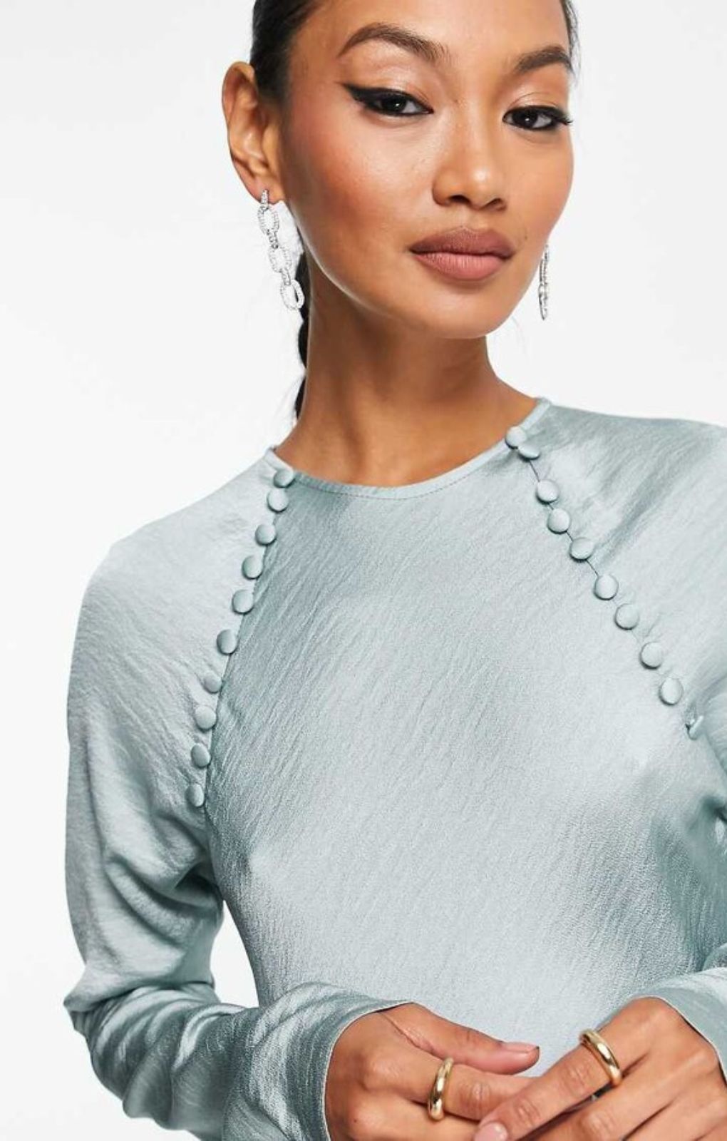 Asos Design Satin Biased Maxi Dress With Button Detail In Silver Blue – dresses by ASOS DESIGN, available to rent from Hirestreet