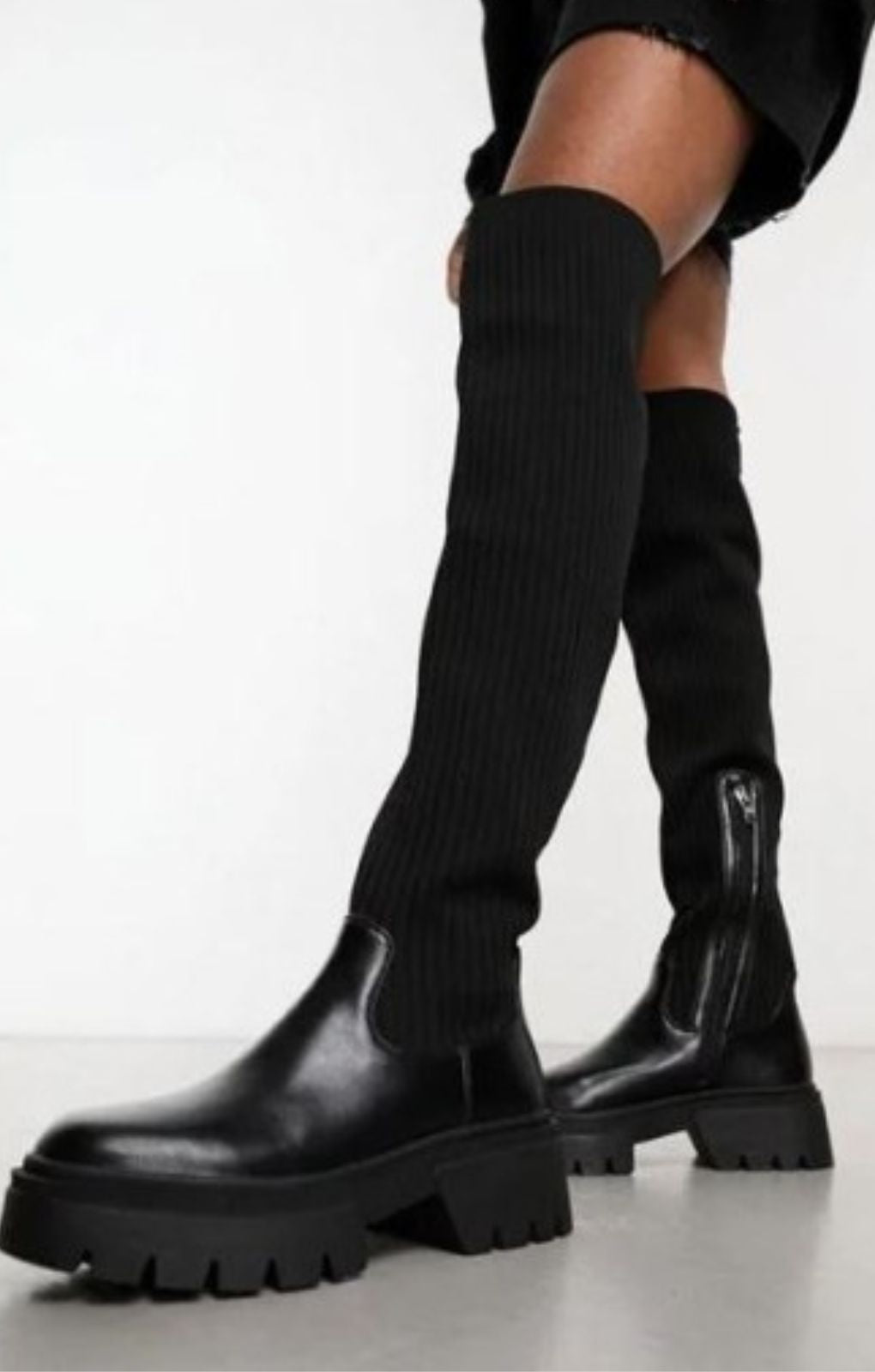 Simmi London Reign Knitted Over The Knee Second Skin Boots In Black – shoes by SIMMI Shoes, available to rent from Hirestreet