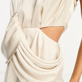 Asos Design Satin Bandeau Drape Twist Mini Dress With Cut Out Detail In Gold – dresses by ASOS DESIGN, available to rent from Hirestreet