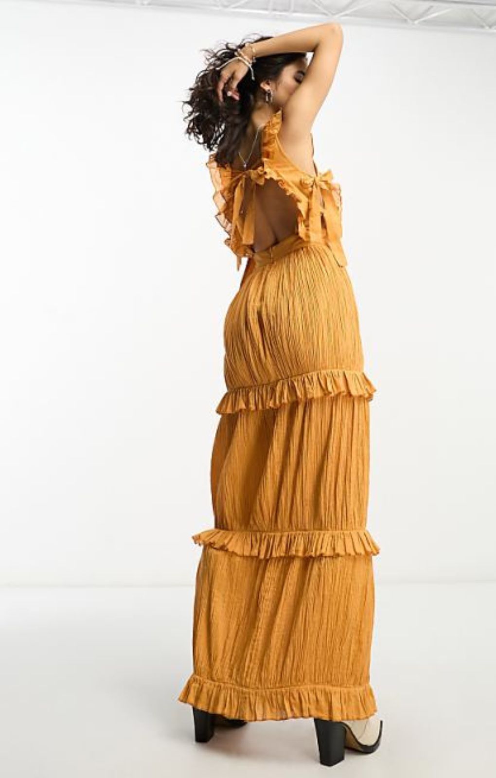 Reclaimed Vintage Shirred Ruffle Maxi Dress In Spice Orange – dresses by Reclaimed Vintage, available to rent from Hirestreet