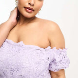 Asos Design Curve Lace Bardot Cut Out Maxi Dress With Frill Hem In Lilac – dresses by ASOS Curve, available to rent from Hirestreet