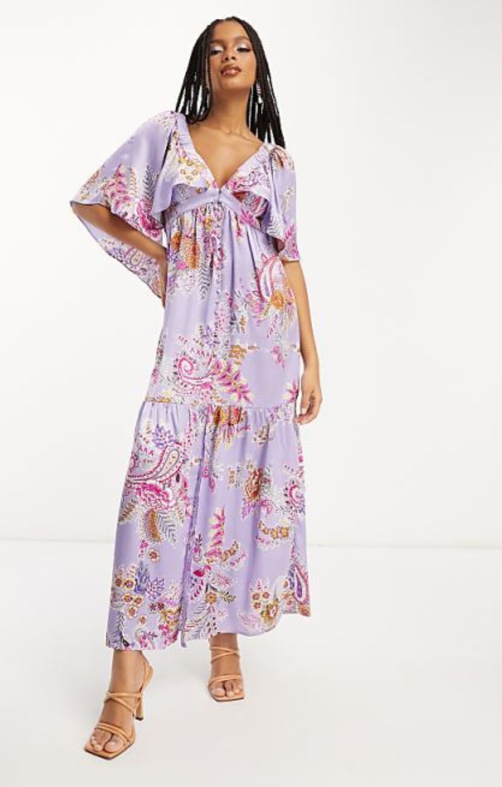 Asos Design Satin Flutter Sleeve V-Neck Maxi Dress With Tier Hem In Lilac Paisley Print – dresses by ASOS DESIGN, available to rent from Hirestreet