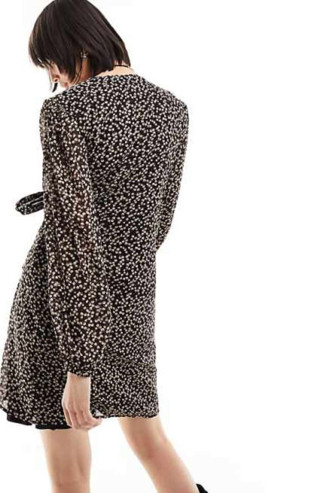 Object Long Sleeve Wrap Front Mini Dress In Black Ditsy Floral – dresses by Object, available to rent from Hirestreet