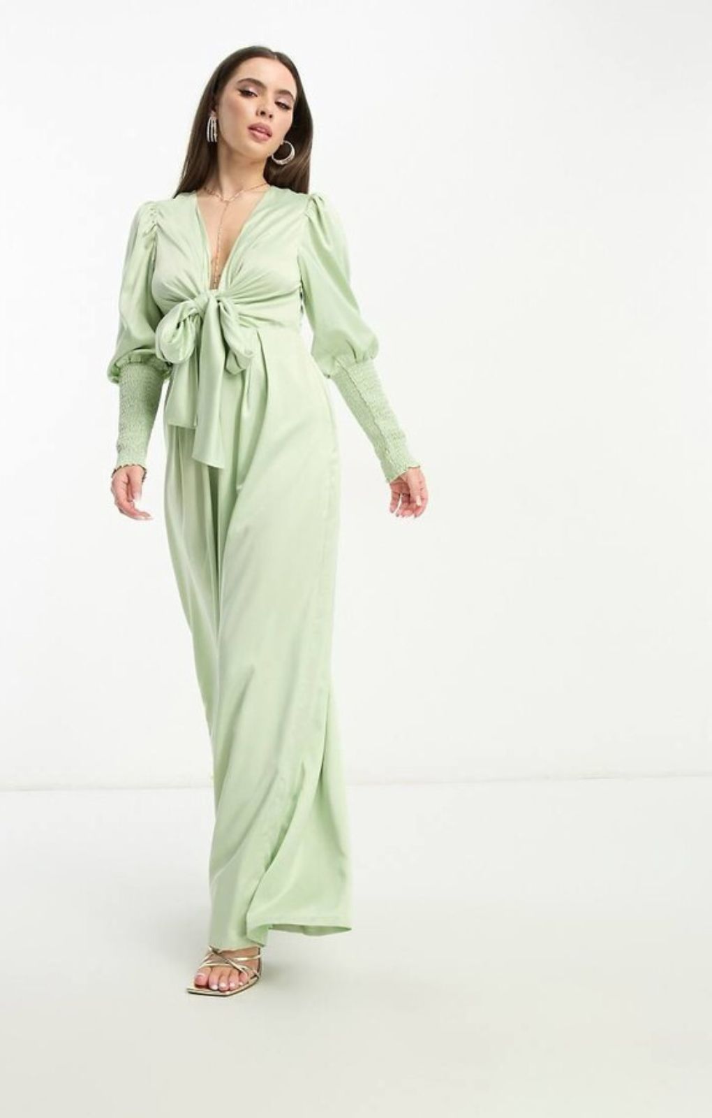 Collective The Label Petite Exclusive Plunge Front Wide Leg Jumpsuit In Sage – jumpsuits & playsuits by Collective The Label Petite, available to rent from Hirestreet
