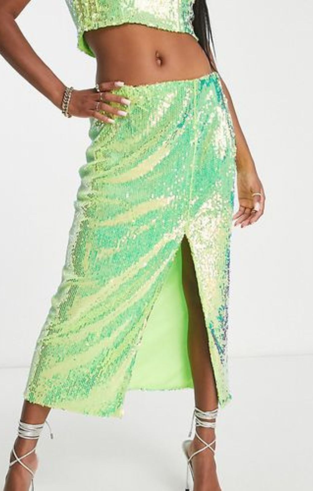 Collective The Label Petite Exclusive Sequin Midaxi Skirt In Iridescent Lime – skirts by Collective The Label Petite, available to rent from Hirestreet