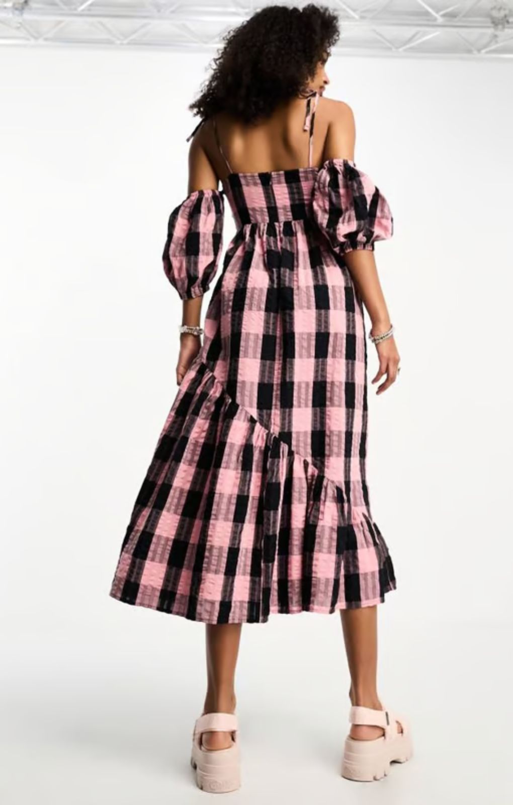 Collusion Off The Shoulder Midi Dress In Pink Check – dresses by Collusion, available to rent from Hirestreet