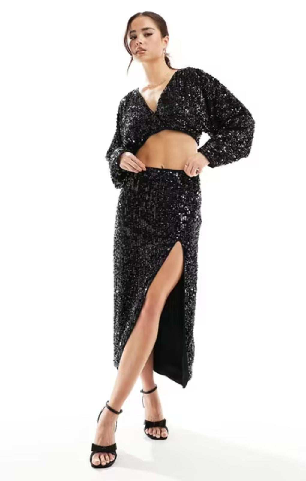 Asos Design Sequin Midi Skirt With Split Detail Co-Ord In Black – skirts by ASOS DESIGN, available to rent from Hirestreet