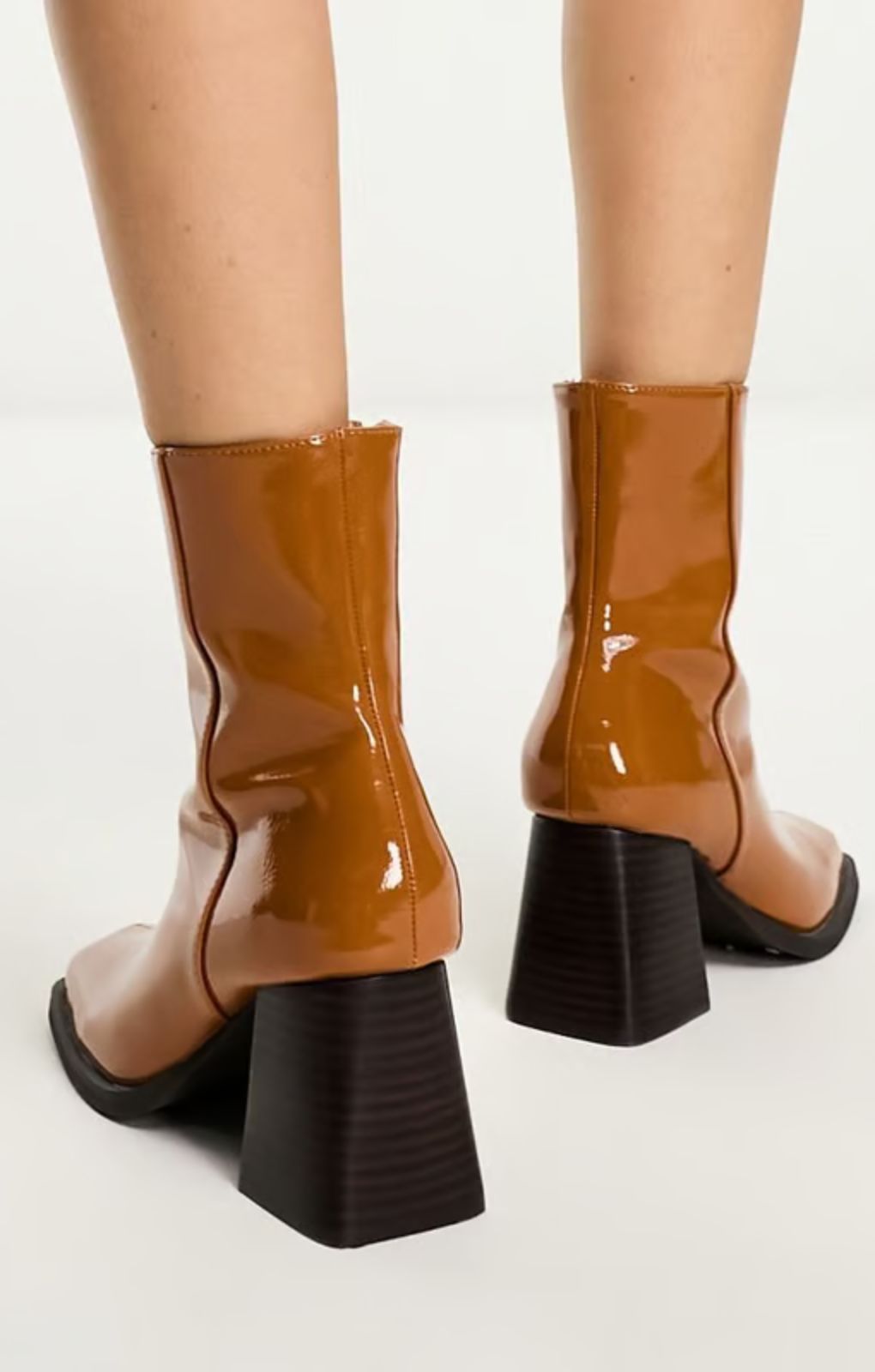 Asos Design Reform Mid-Heel Boots In Tan Patent – shoes by ASOS DESIGN, available to rent from Hirestreet