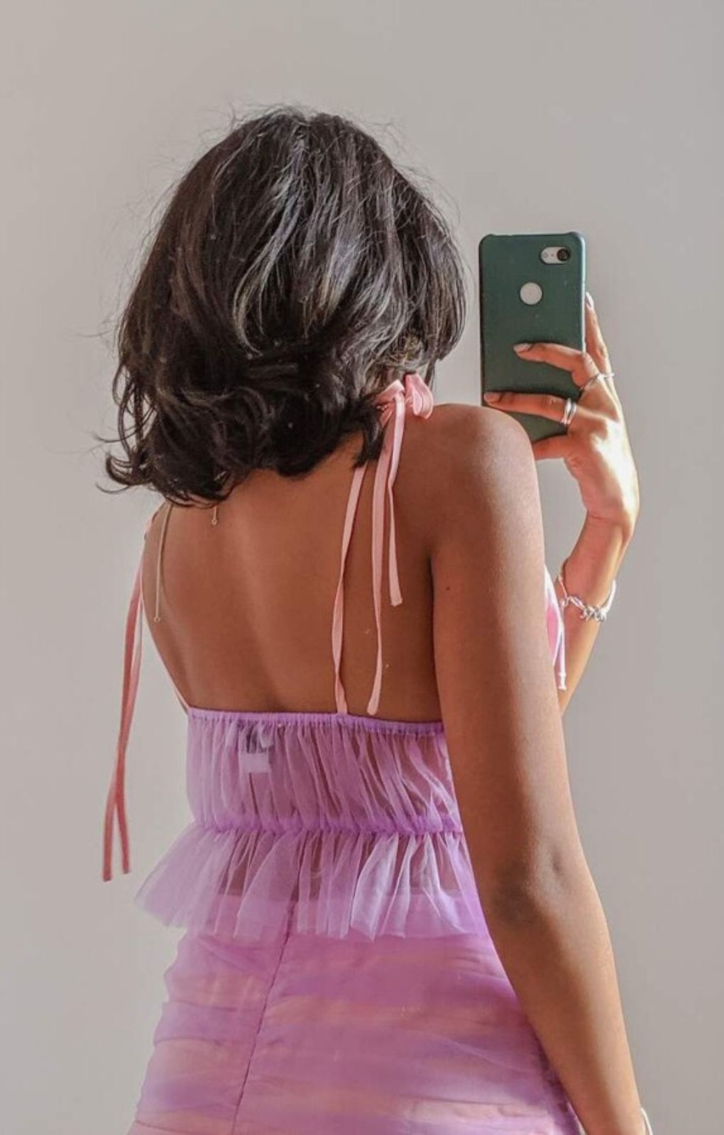 Labelrail X Pose And Repeat Tie Shoulder Ruched Cami Top With Diamante Heart In Lilac And Pink Mesh – tops by Labelrail, available to rent from Hirestreet
