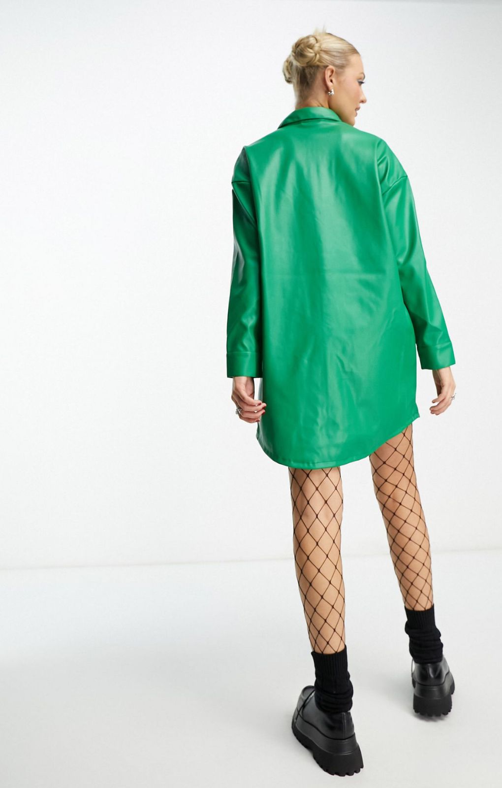 Native Youth Pu Mini Shirt Dress In Green With Contrast Stitch – dresses by Native Youth, available to rent from Hirestreet
