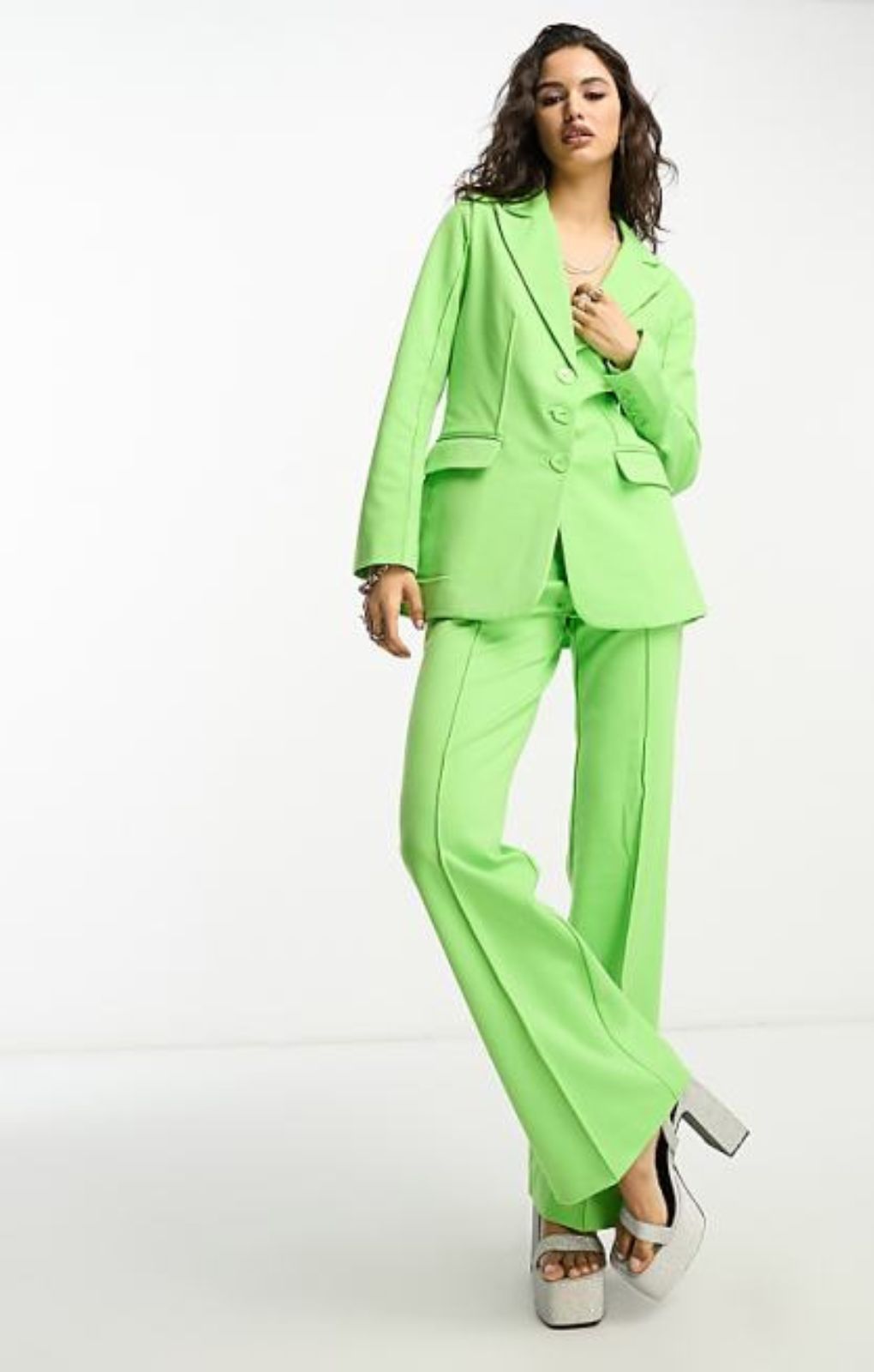 Only High Waisted Flared Trouser In Lime – trousers by Only, available to rent from Hirestreet