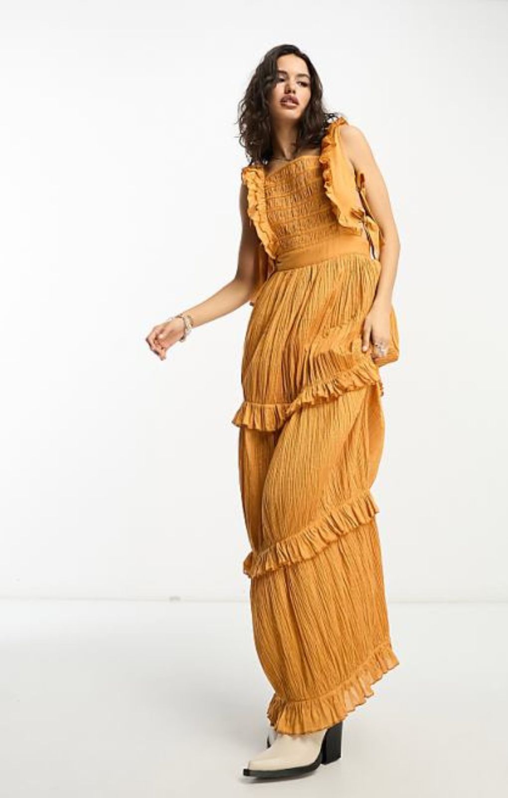 Reclaimed Vintage Shirred Ruffle Maxi Dress In Spice Orange – dresses by Reclaimed Vintage, available to rent from Hirestreet
