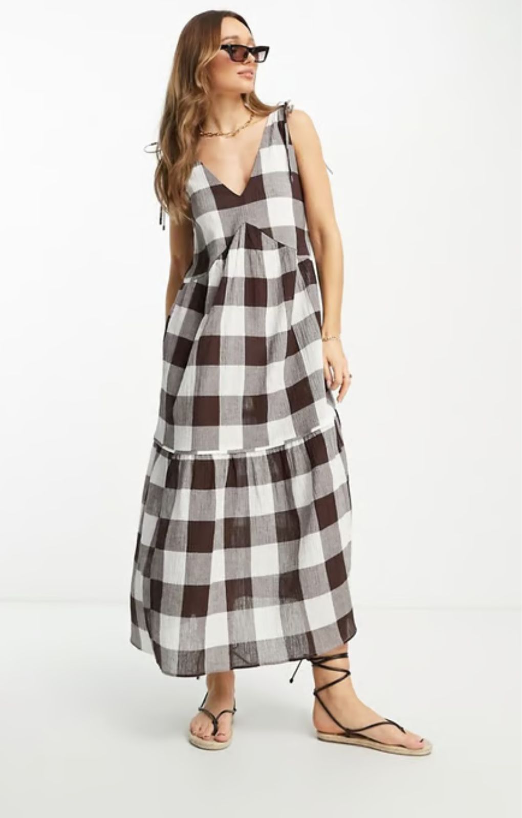 Asos Design Curve Crinkle Trapeze Maxi Sundress In Chocolate Gingham – dresses by ASOS Curve, available to rent from Hirestreet