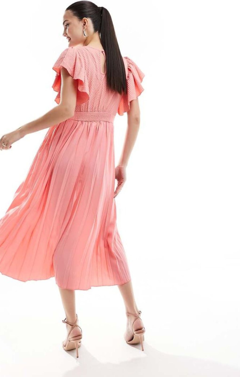 Little Mistress Lace Detail Midaxi Flutter Sleeve Dress In Coral – dresses by Little Mistress, available to rent from Hirestreet
