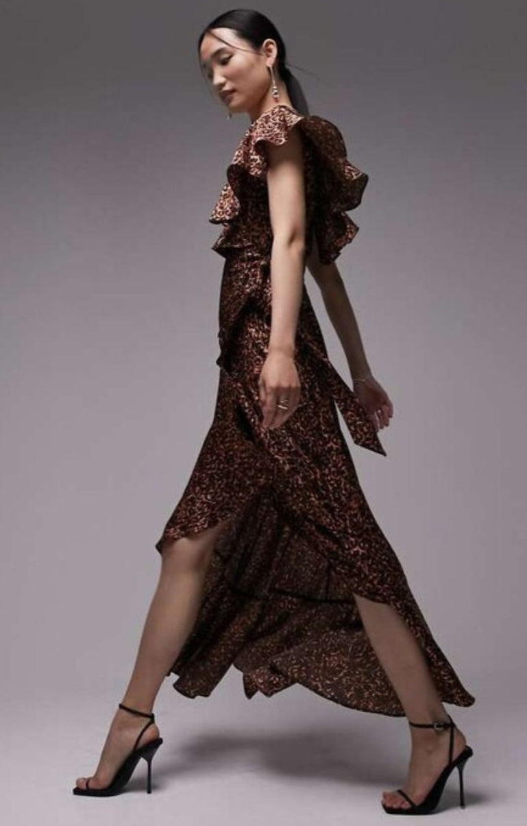 Topshop Ruffle Wrap Midi Dress In Brown Animal – dresses by Topshop, available to rent from Hirestreet