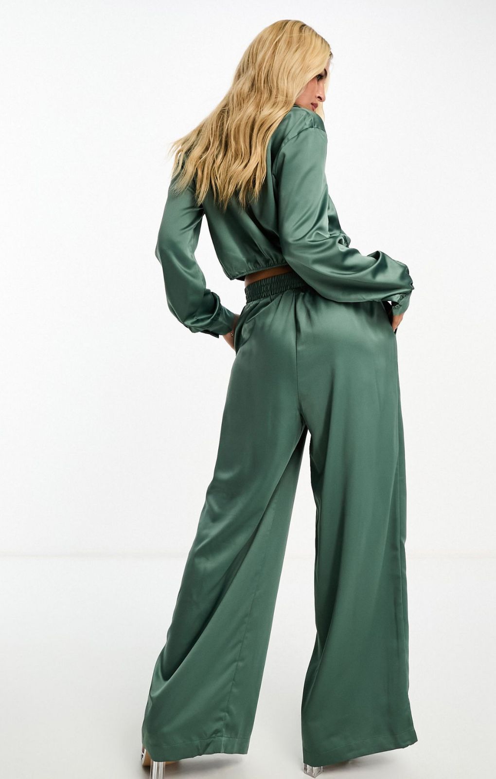 Vero Moda Wide Leg Satin Trouser In Green – trousers by Vero Moda, available to rent from Hirestreet