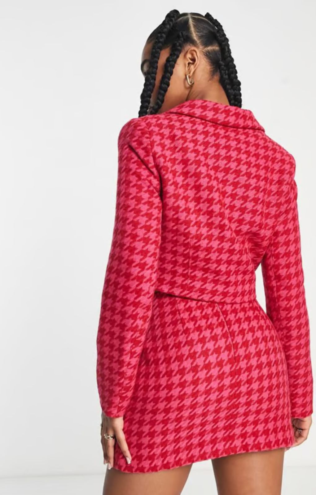 Miss Selfridge Boucle Cropped Blazer In Pink And Red Dogtooth – coats & jackets by Miss Selfridge, available to rent from Hirestreet