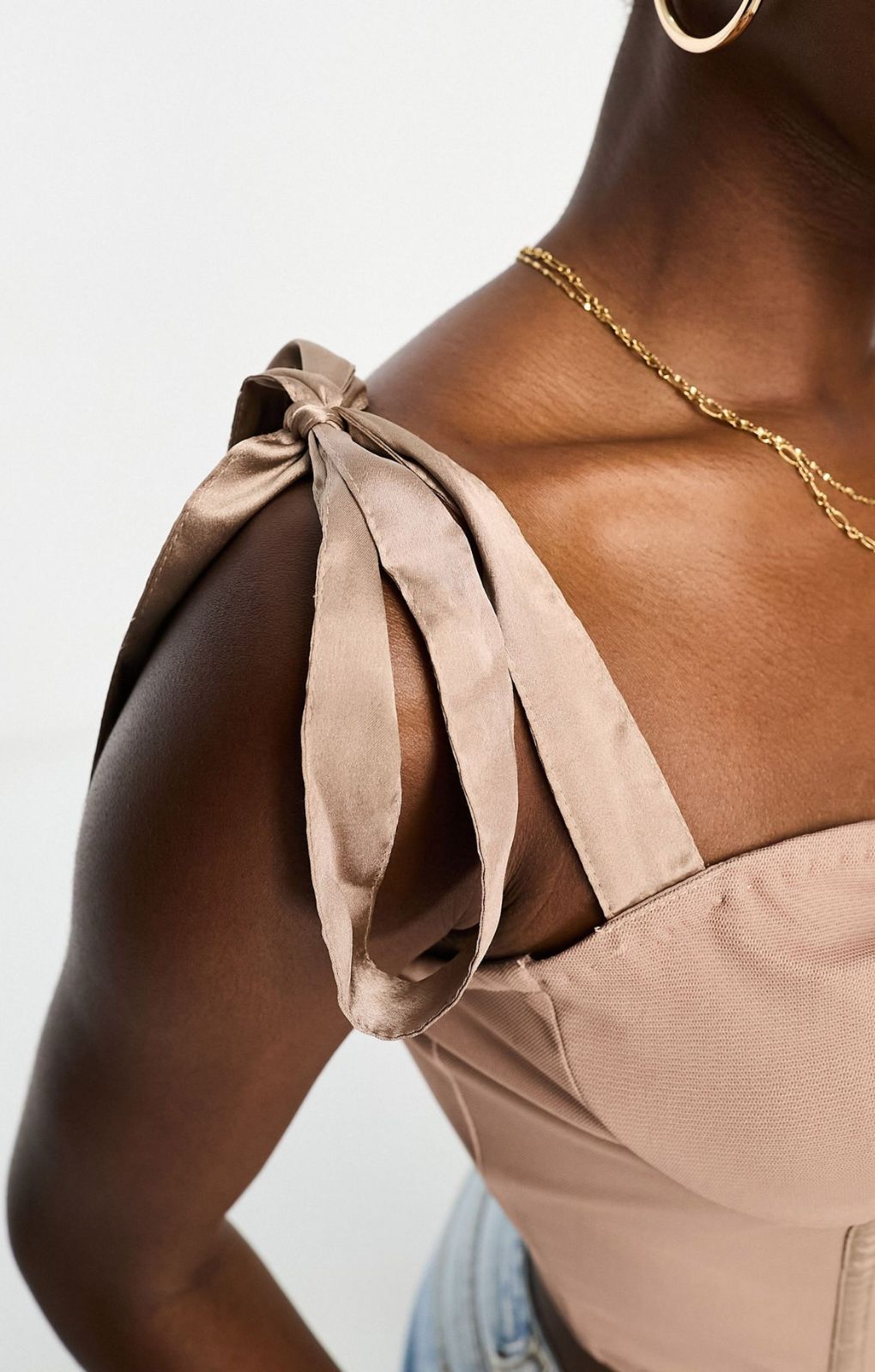 Lace & Beads Exclusive Tie Shoulder Corset Top In Mink – tops by Lace & Beads, available to rent from Hirestreet