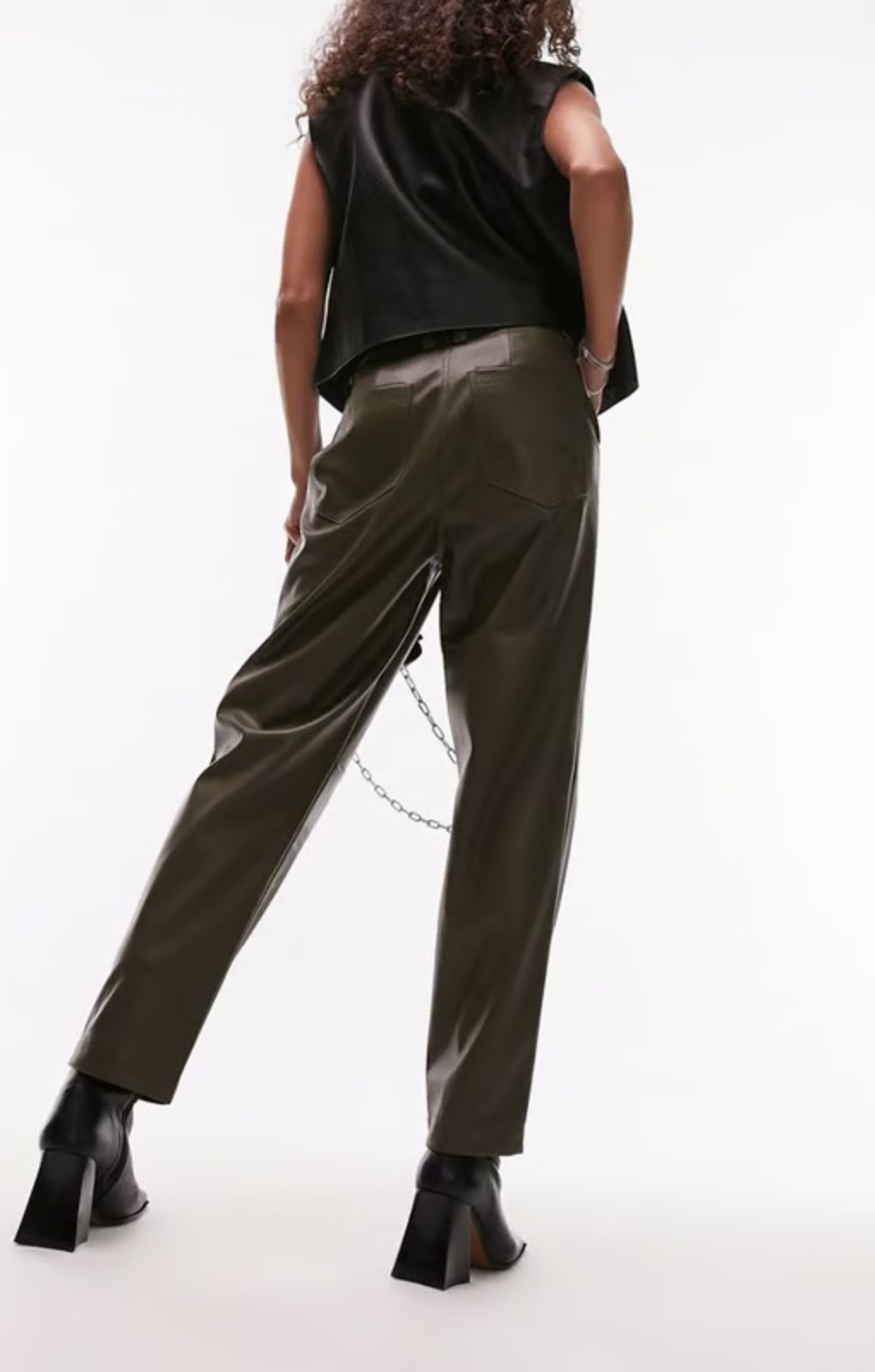 Topshop Faux Leather Peg Trouser In Khaki – trousers by Topshop, available to rent from Hirestreet