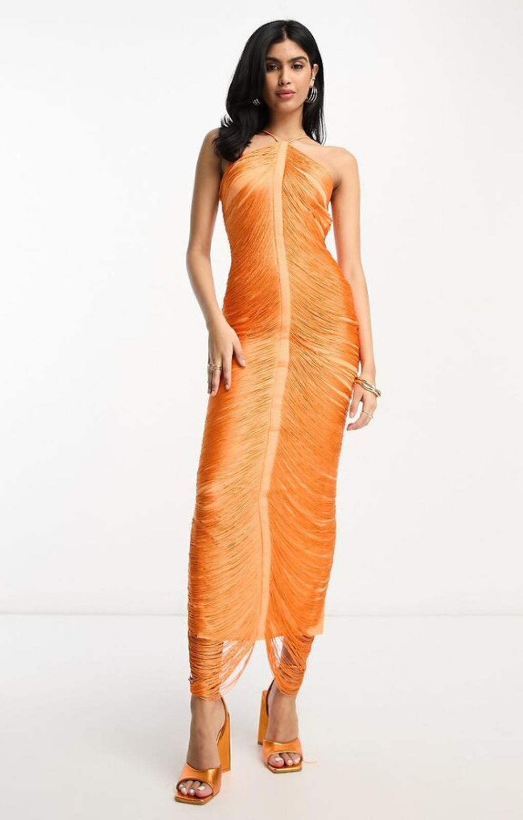 Asos Design Fringe Drape Halter Maxi Dress In Hot Orange – dresses by ASOS DESIGN, available to rent from Hirestreet