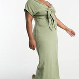 Asos Design Curve V-Neck Linen Double Bow Detail Pencil Midi Dress In Khaki – dresses by ASOS Curve, available to rent from Hirestreet