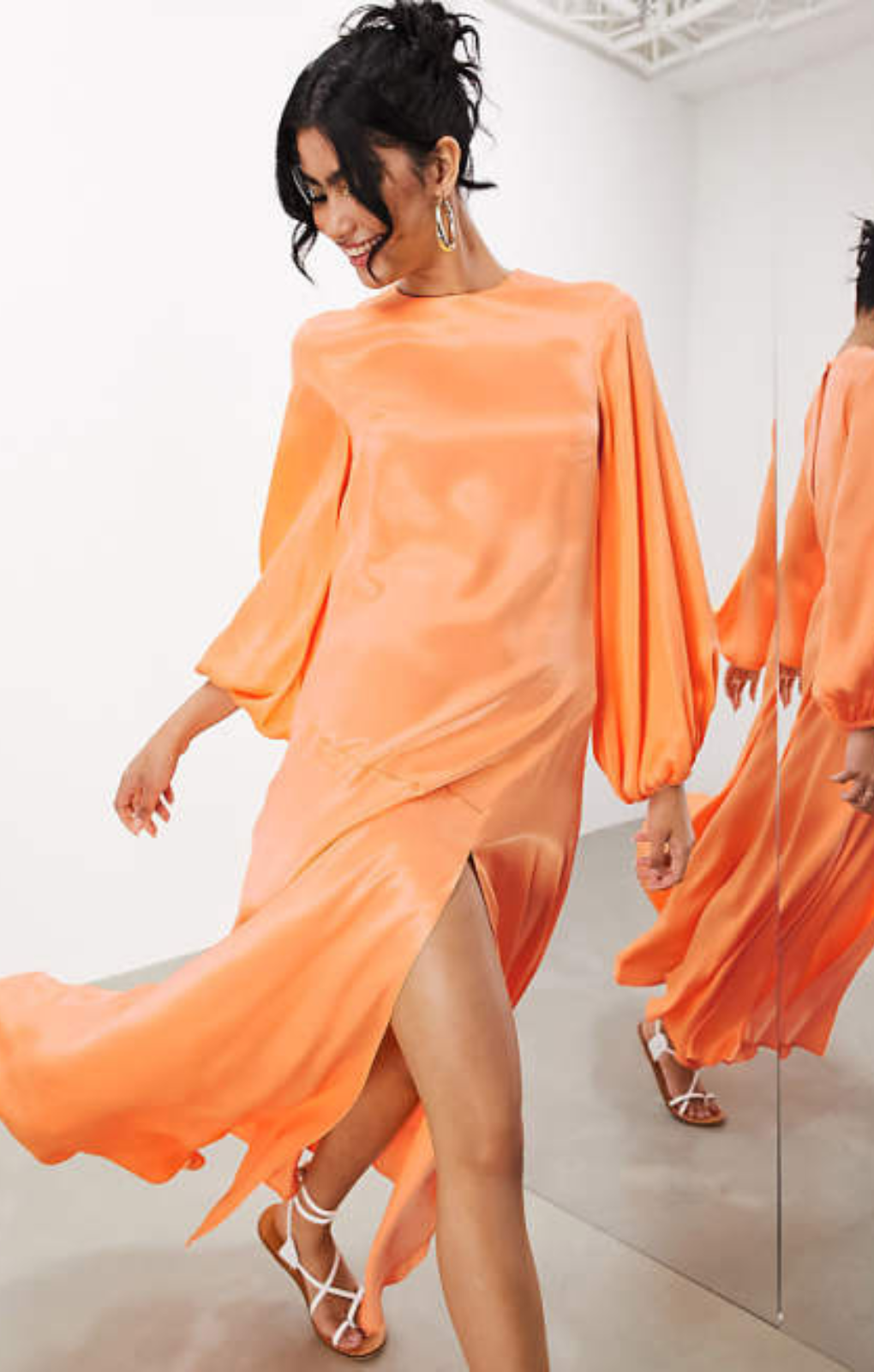 Rent Asos Edition Satin Long Sleeve Maxi Smock Dress In Orange Rent Asos Edition Satin Long Sleeve Maxi Smock Dress In Orange
