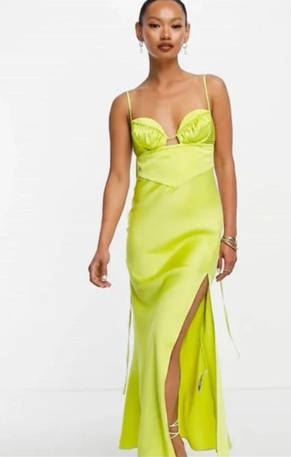 Asos Design Satin Corset Detail Plunge Midi Dress In Lime Green – dresses by ASOS DESIGN, available to rent from Hirestreet