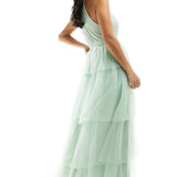 Vila Petite Bridesmaid Halterneck Tulle Midi Dress With Tiered Skirt In Mint Green – dresses by Vila Petite, available to rent from Hirestreet