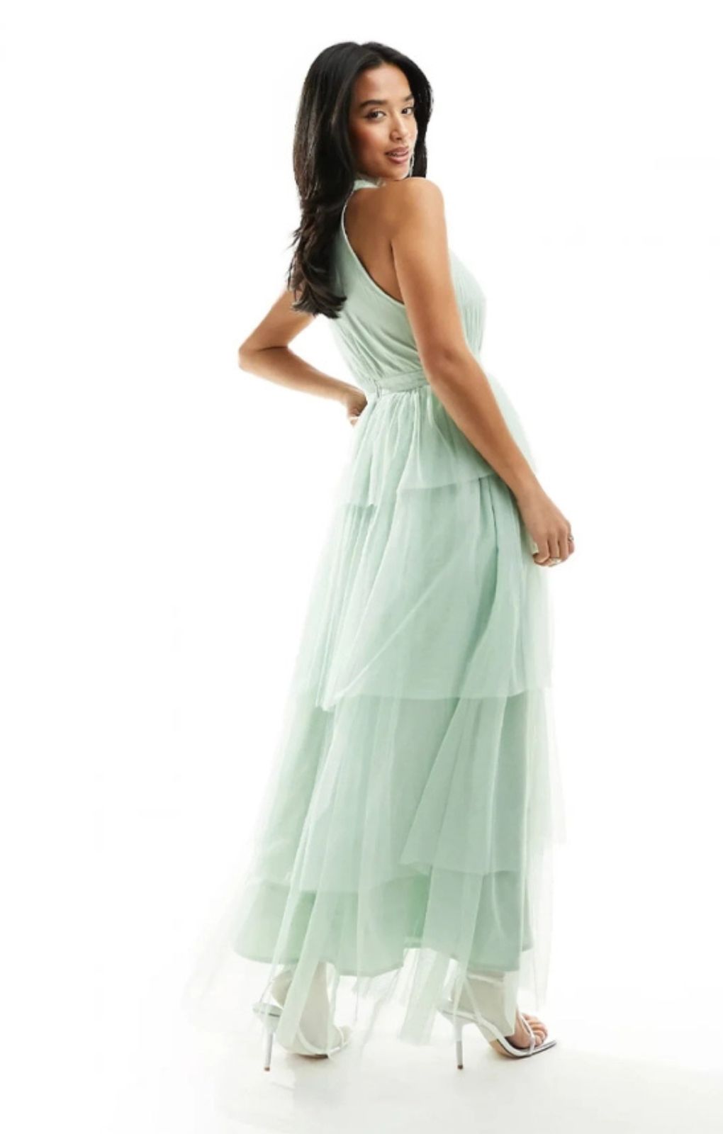 Vila Petite Bridesmaid Halterneck Tulle Midi Dress With Tiered Skirt In Mint Green – dresses by Vila Petite, available to rent from Hirestreet