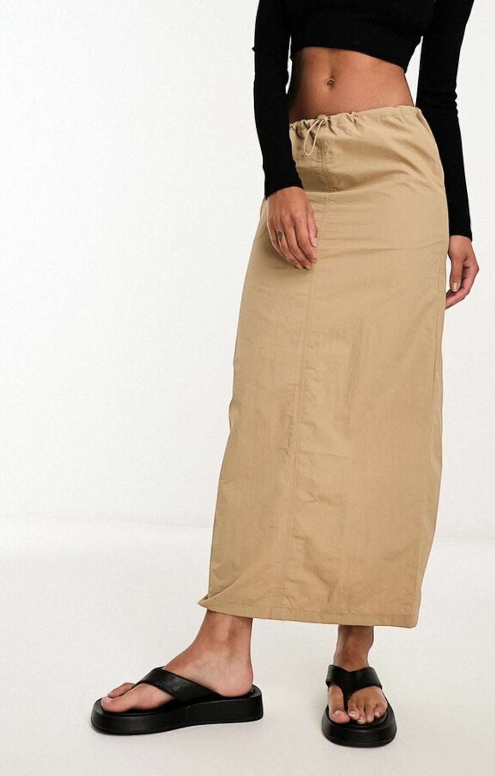 Pieces Exclusive Drawstring Cargo Midi Skirt In Beige – skirts by Pieces, available to rent from Hirestreet