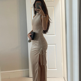 Rare London Velvet High Neck Ruched Side Maxi Dress In Champagne