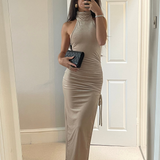 Rare London Velvet High Neck Ruched Side Maxi Dress In Champagne