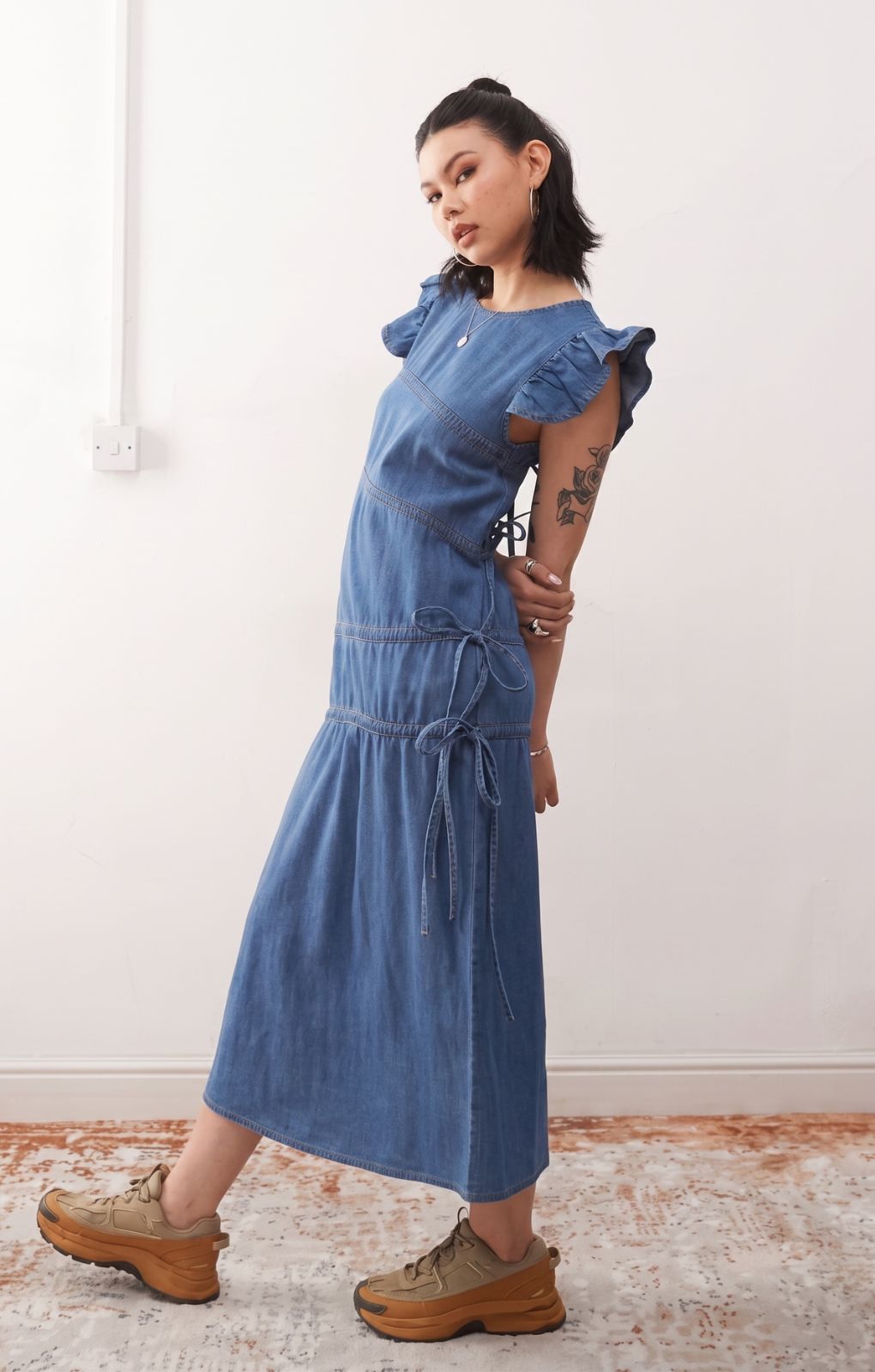 Rent Reclaimed Vintage Denim Maxi Dress with Asymmetric Ruching