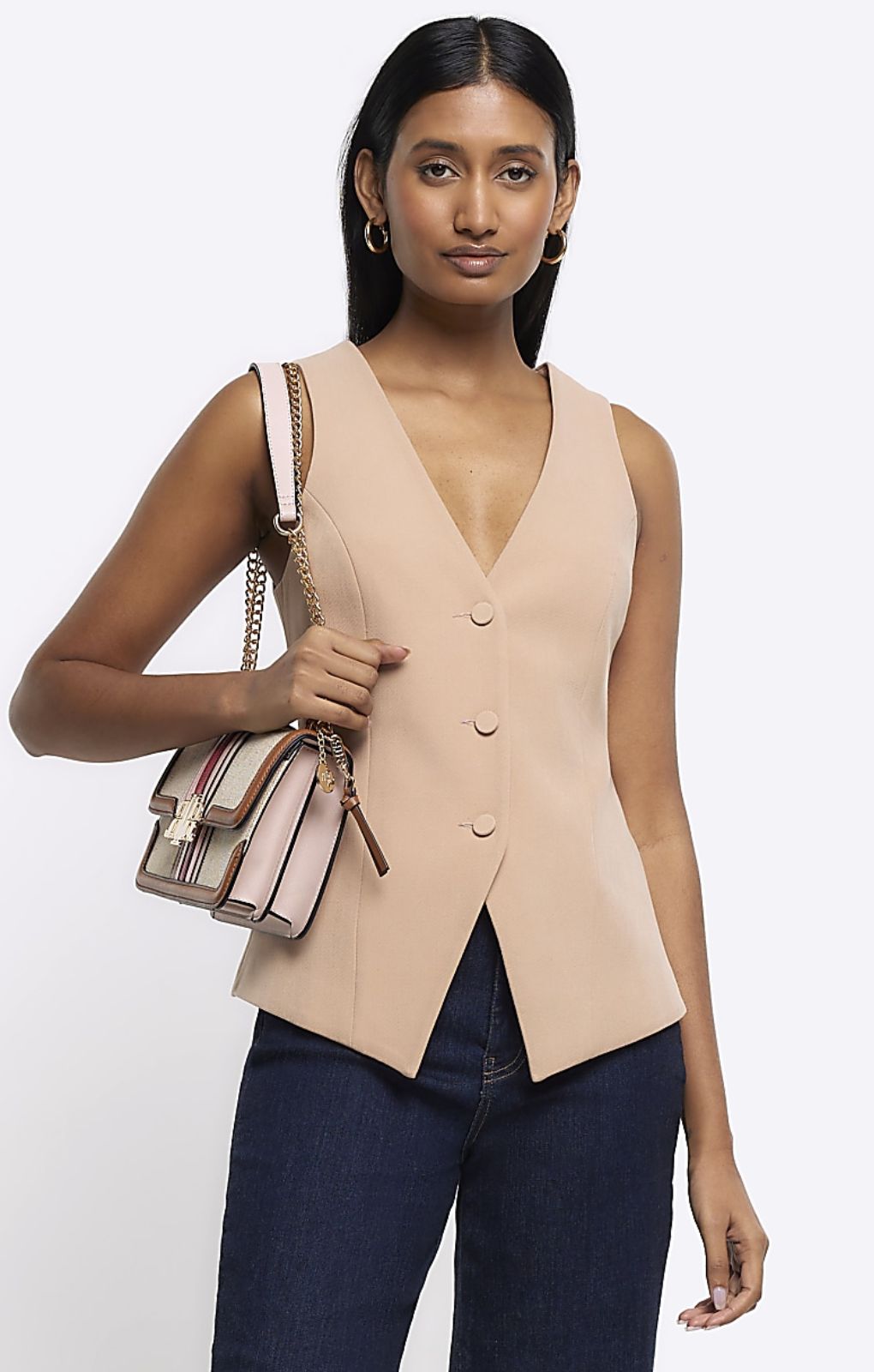 River Island Beige Long Fitted Waistcoat